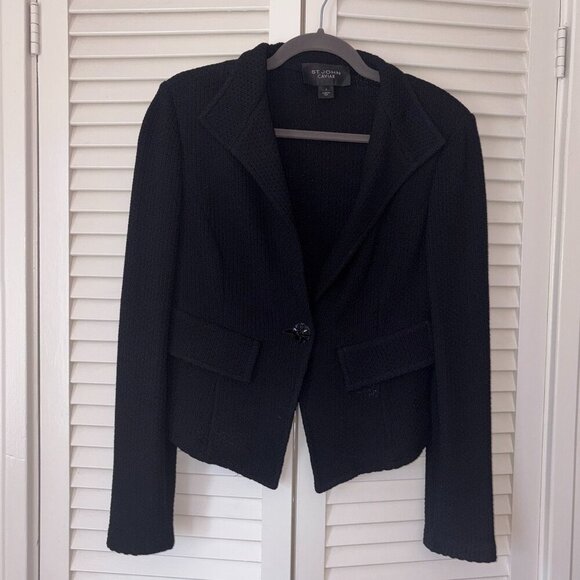 St. John Caviar women's black blazer textured 2 knit EUC - Picture 1 of 8